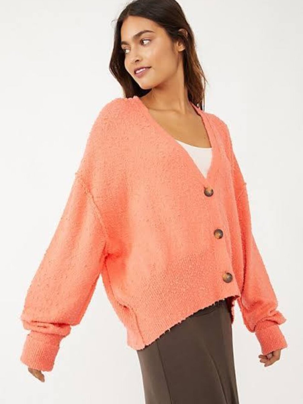 Free People Found My Friend Cardi Boucle Knit Coral Orange - Size S
